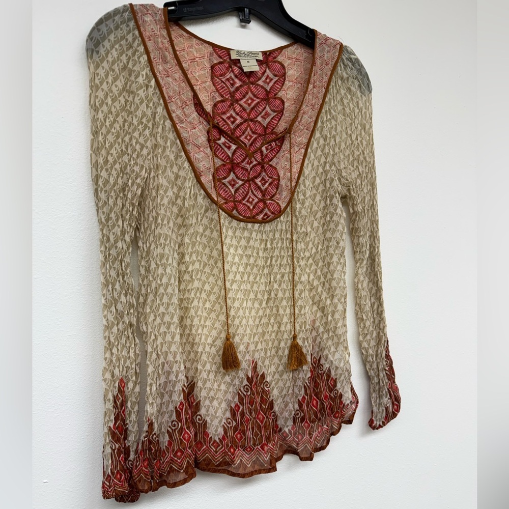 Lucky Brand Boho Cream Tunic with Red Embroidered Yoke and Tassels - Picture 3 of 5
